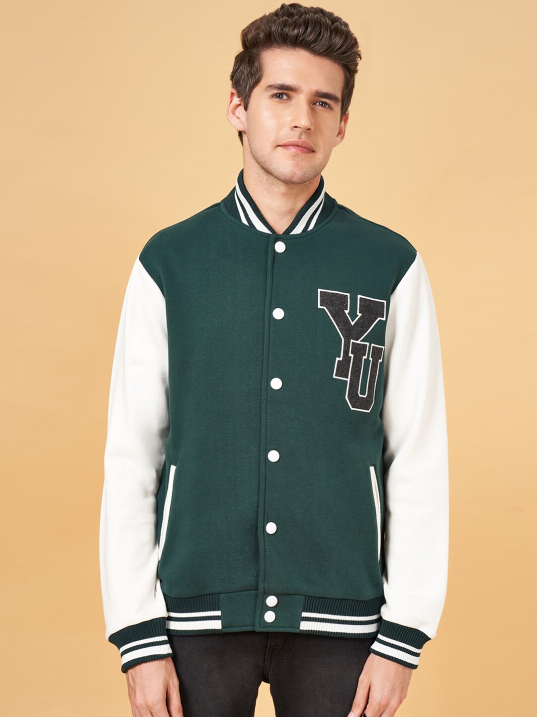 

YU by Pantaloons Mandarin Collar Cotton Bomber Jacket, Green