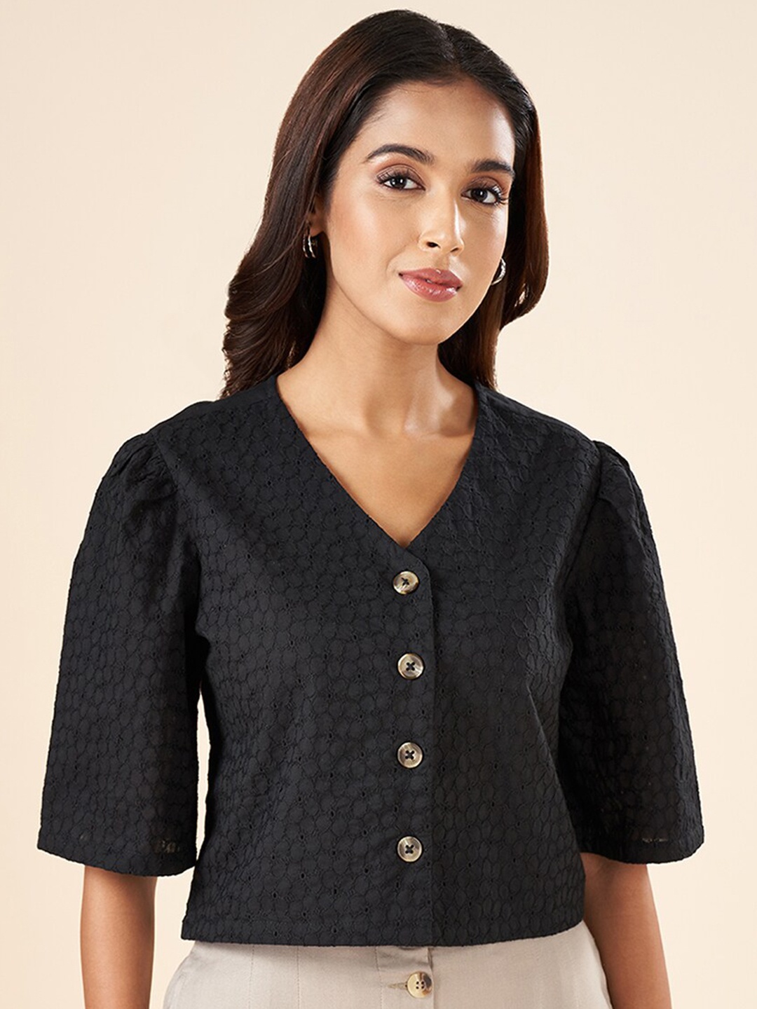 

AKKRITI BY PANTALOONS Self Design V-Neck Cotton Shirt Style Top, Black