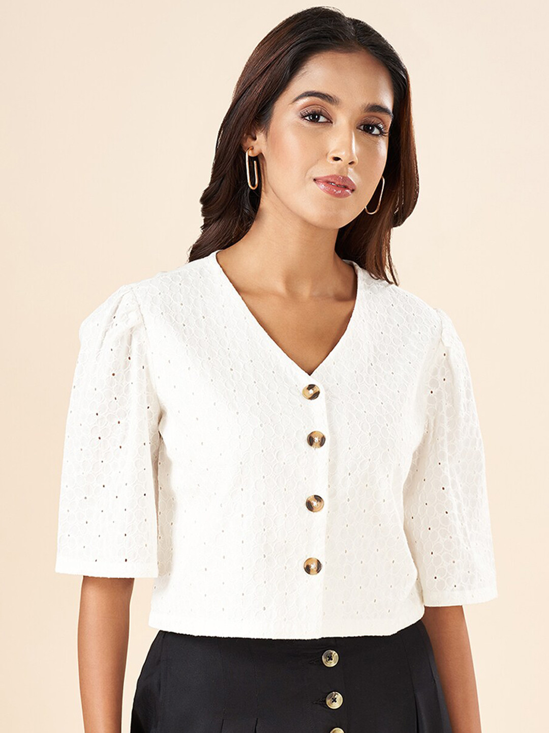 

AKKRITI BY PANTALOONS Self Design V-Neck Puff Sleeves Cotton Shirt Style Top, White