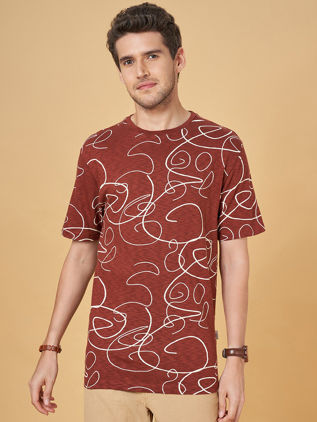 

7 Alt by Pantaloons Abstract Printed Cotton Relaxed Fit T-shirt, Brown
