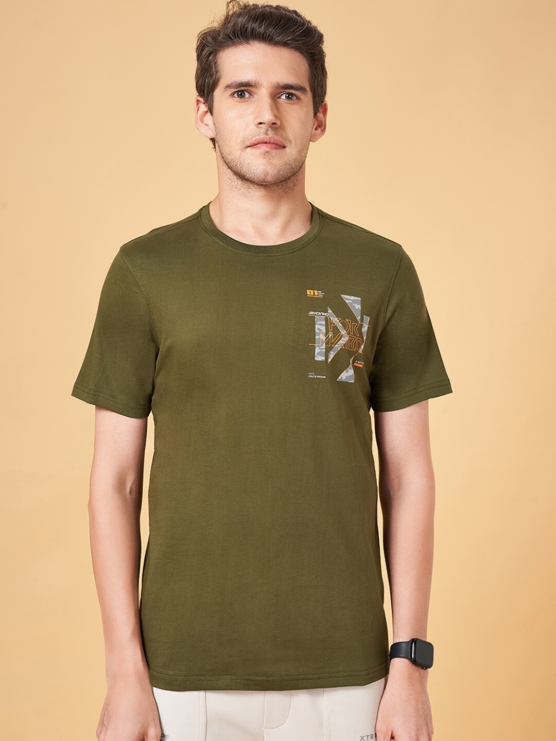 

Ajile by Pantaloons Typography Slim Fit Cotton T-shirt, Olive