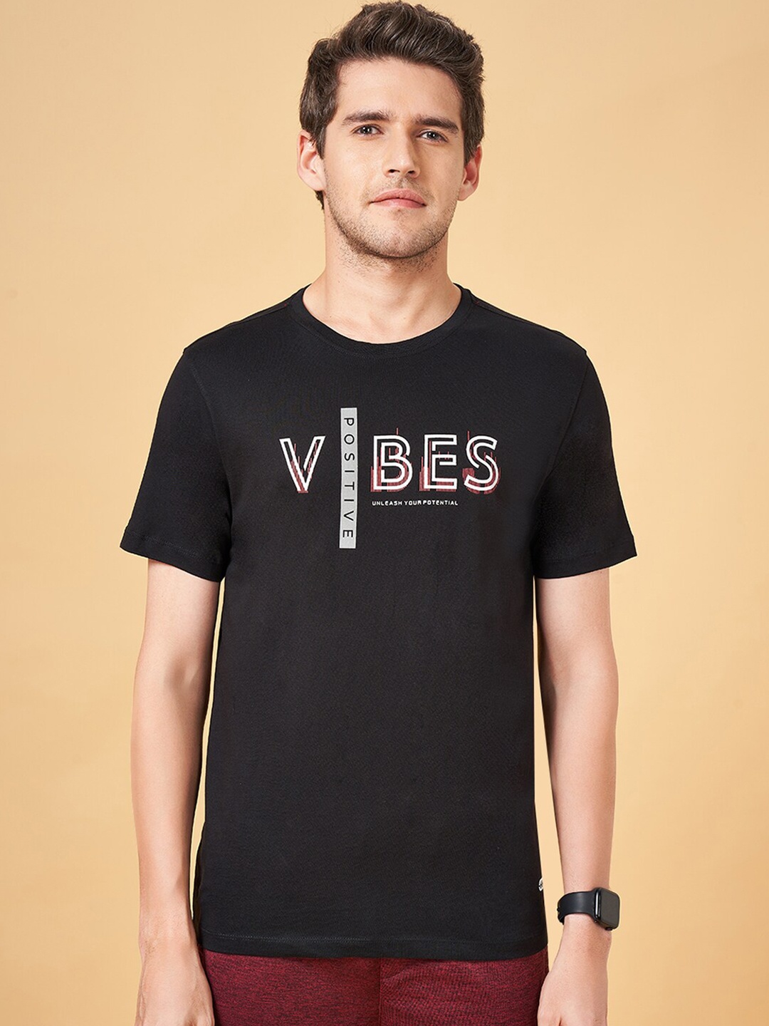 

Ajile by Pantaloons Typography Printed Slim Fit Cotton T-shirt, Black