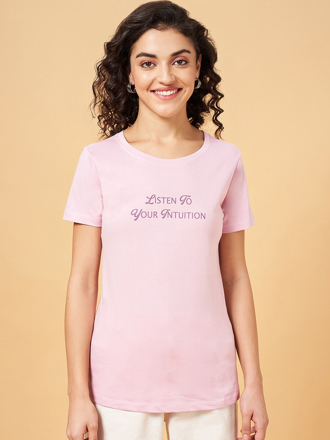 

Honey by Pantaloons Typography Printed Cotton T-shirt, Pink
