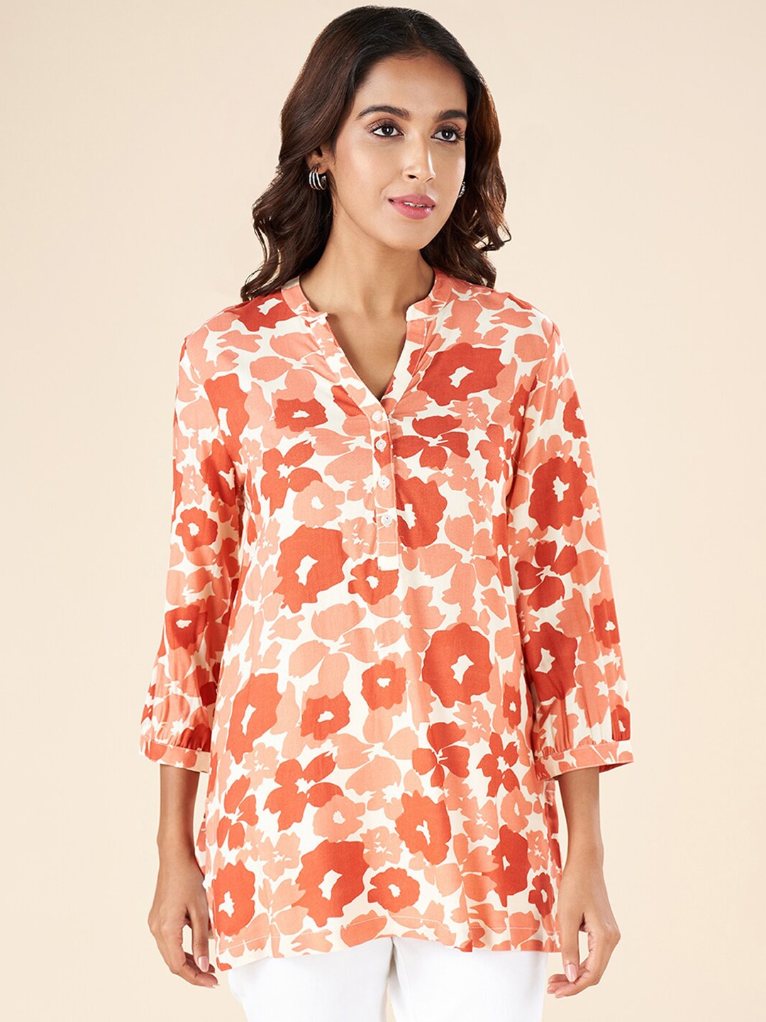 

AKKRITI BY PANTALOONS Mandarin Collar Floral Printed Tunic, Coral