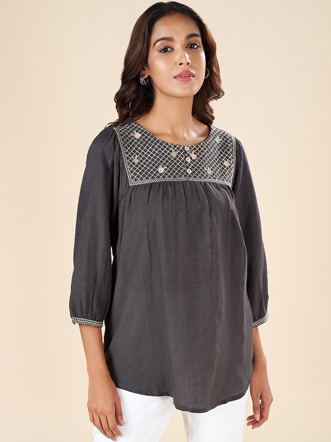 

AKKRITI BY PANTALOONS Floral Embroidered Tunic, Charcoal