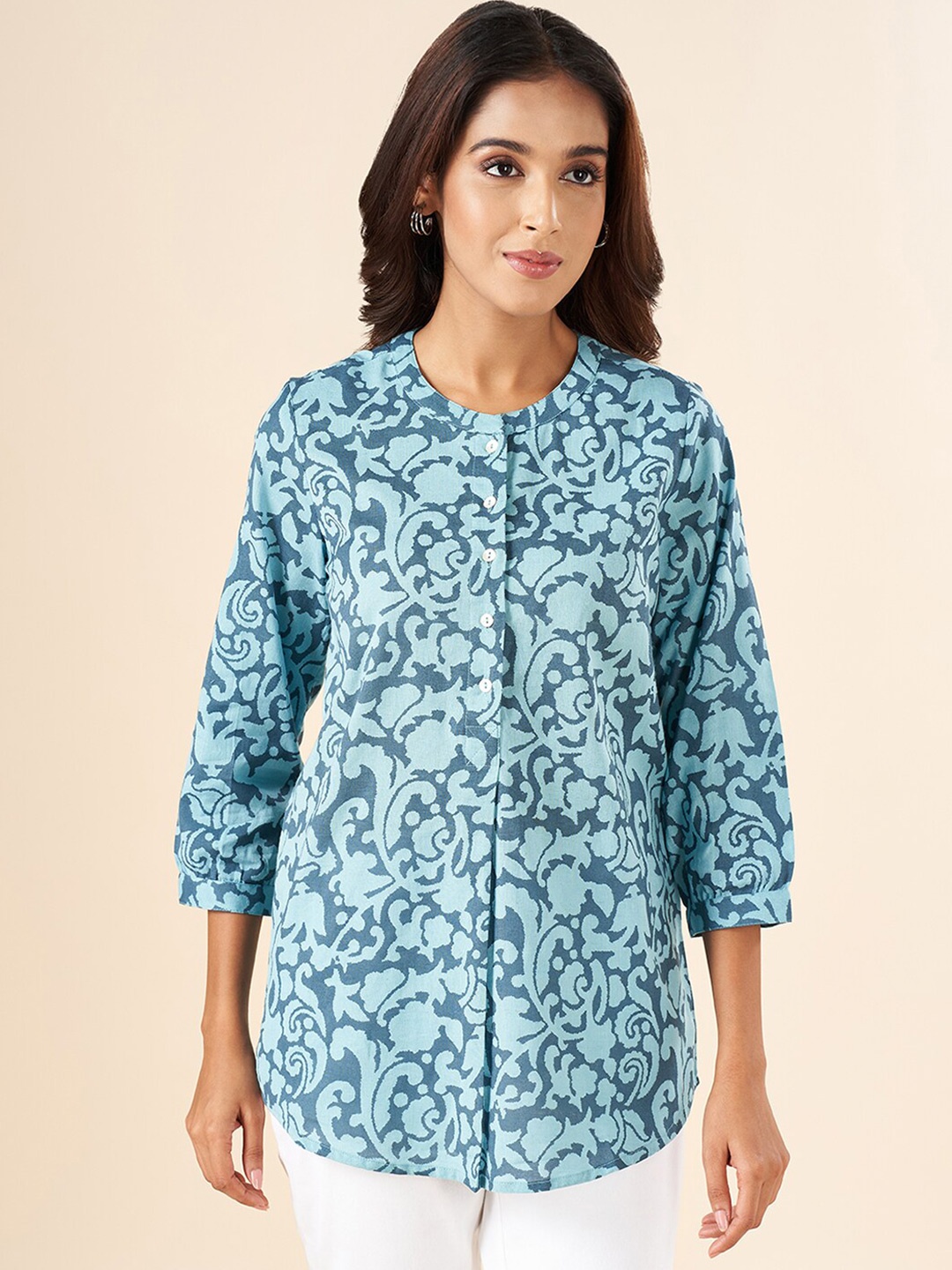 

AKKRITI BY PANTALOONS Mandarin Collar Floral Printed Cotton Linen Tunic, Blue