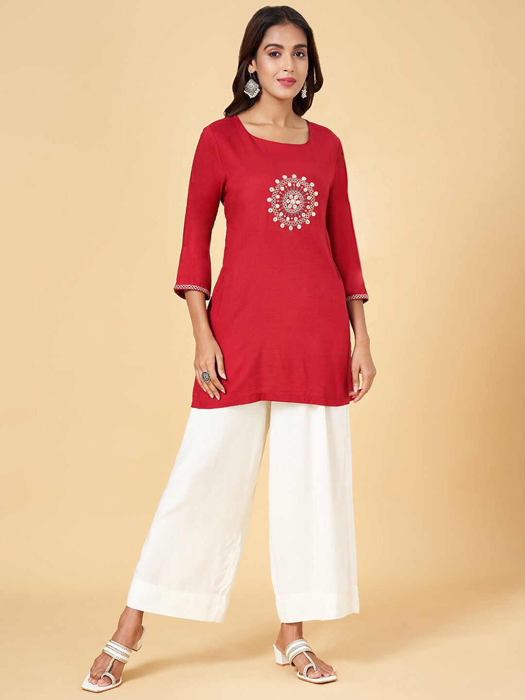 

RANGMANCH BY PANTALOONS Floral Embroidered Tunic, Red