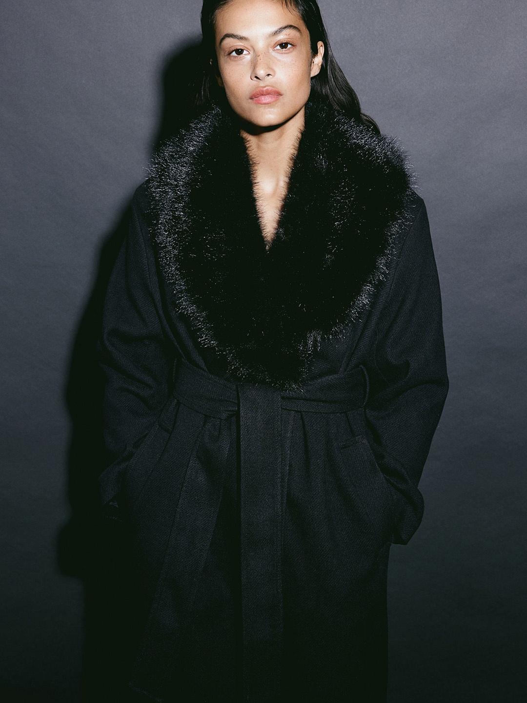 

H&M Fluffy-Collared Coat, Black