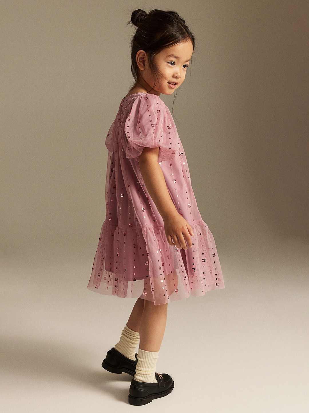 

H&M Girls Sequined Tulle Dress With Balloon Sleeves, Pink