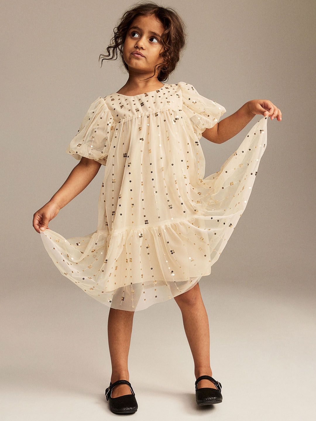 

H&M Girls Sequined Tulle Dress With Balloon Sleeves, Beige