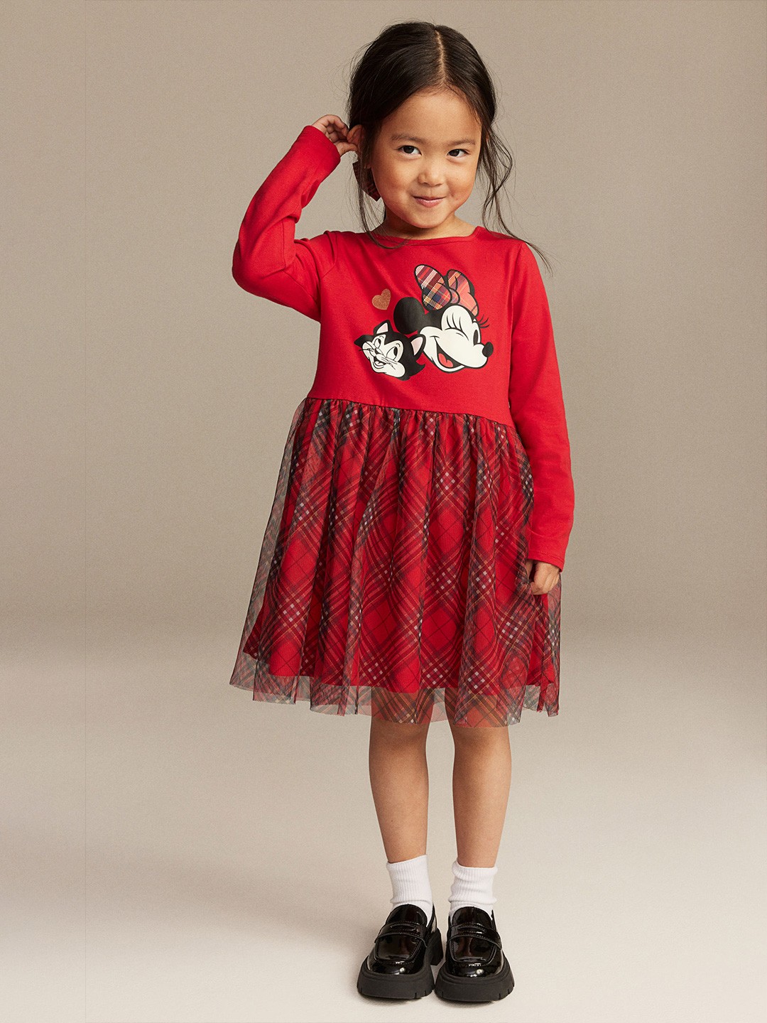 

H&M Girls Pure Cotton Tulle-Skirt Jersey Dress, Red