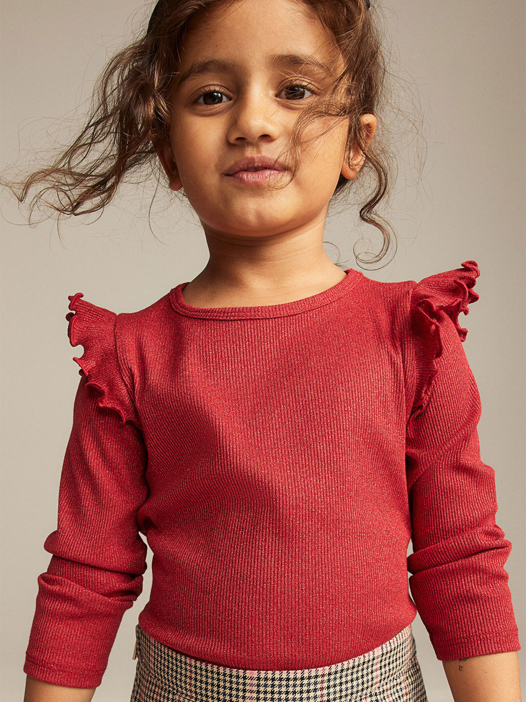 

H&M Frill-Trimmed Ribbed Top, Red