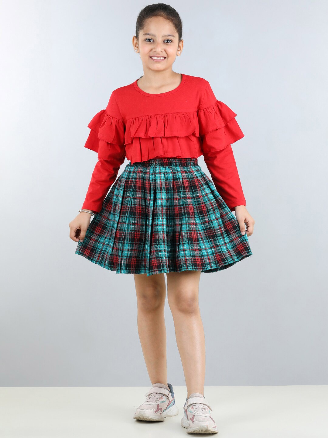 

AWW HUNNIE Girls Checked Ruffled Top With Skirt, Red