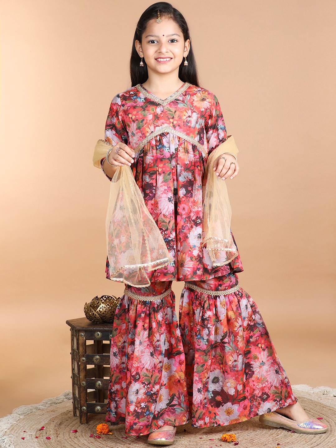 

AWW HUNNIE Girls Floral Printed Empire Gotta Patti Kurti & Sharara With Dupatta, Maroon