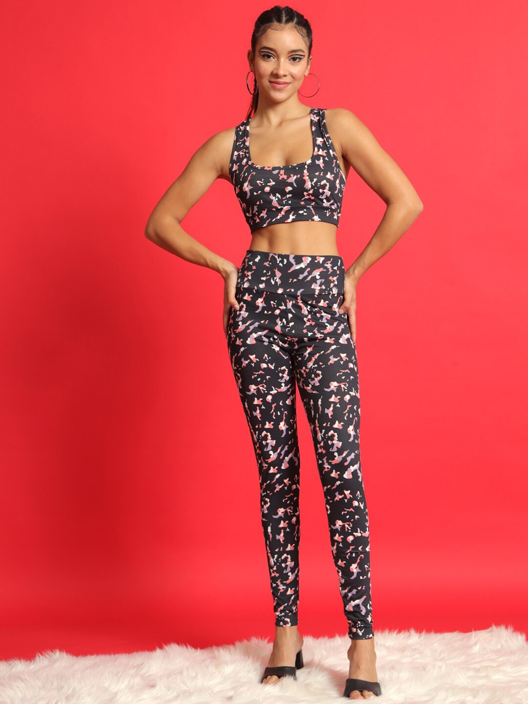 

MAZIE Abstract Printed Square Neck Crop Top With Leggings, Black