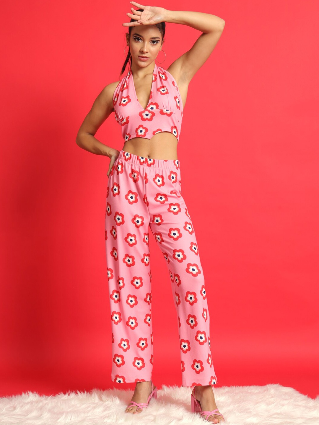 

MAZIE Floral Printed Halter Neck Crop Top With Trousers, Pink