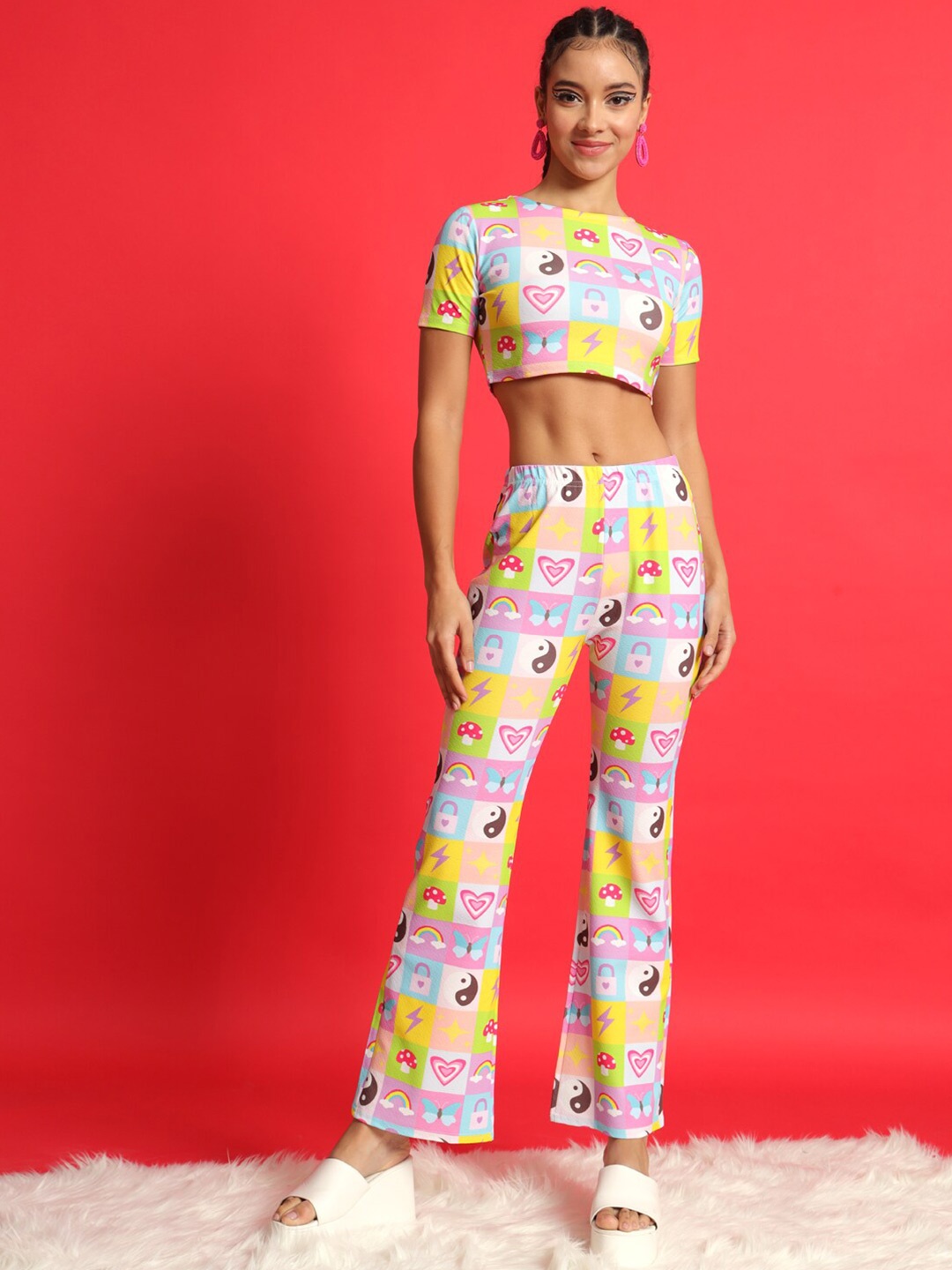 

MAZIE Conversational Printed Round Neck Crop Top & Trousers, White