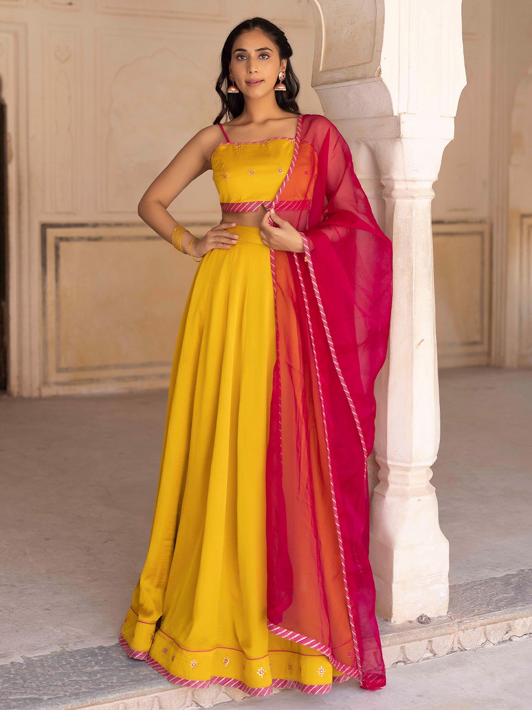 

Ragavi Yellow & Red Embroidered Ready to Wear Lehenga & Blouse With Dupatta