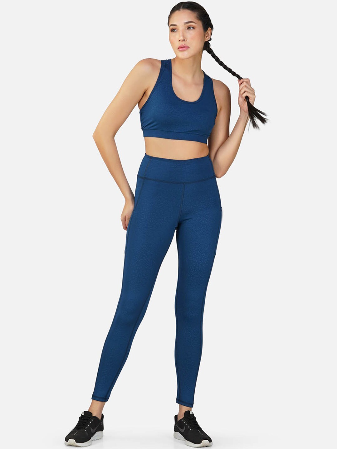 

IMPERATIVE Embossed Print Cut-Out Detail High-Rise Gym Tracksuit, Blue