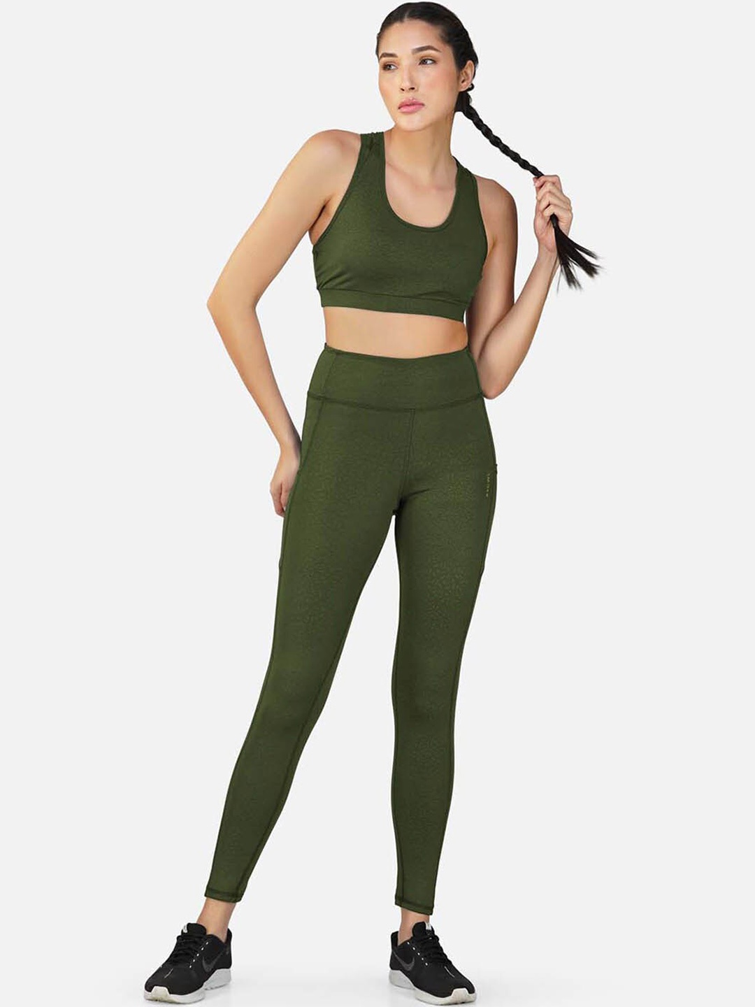 

IMPERATIVE Embossed Print Cut-Out Detail High-Rise Gym Tracksuit, Olive