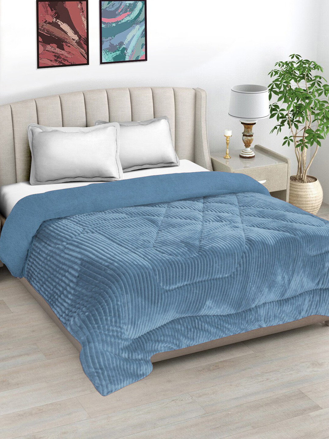

FABINALIV Blue Striped Woollen 950 GSM Heavy Winter Double Bed Quilt