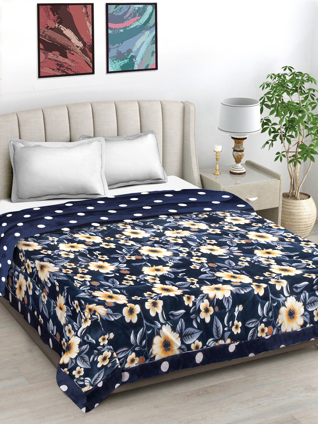 

FABINALIV Blue Floral Wool Heavy Winter Micro Fiber Filling Reversible Double Bed Quilt