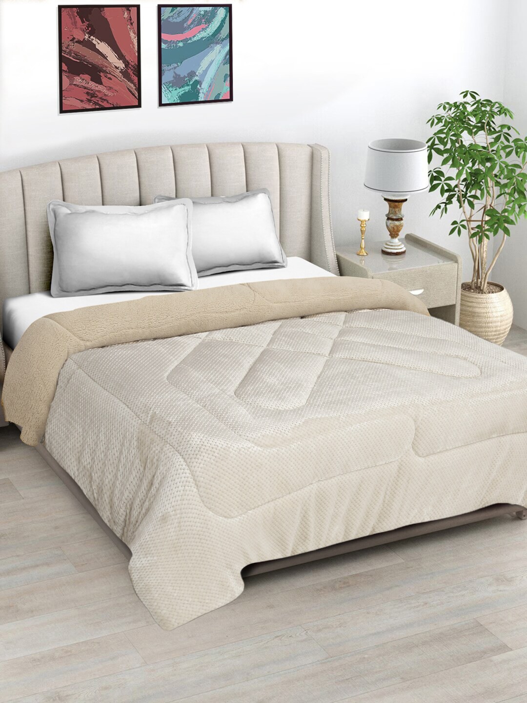 

FABINALIV Cream Geometric Wool Heavy Winter 950 GSM Micro Fiber Filling Double Bed Quilt