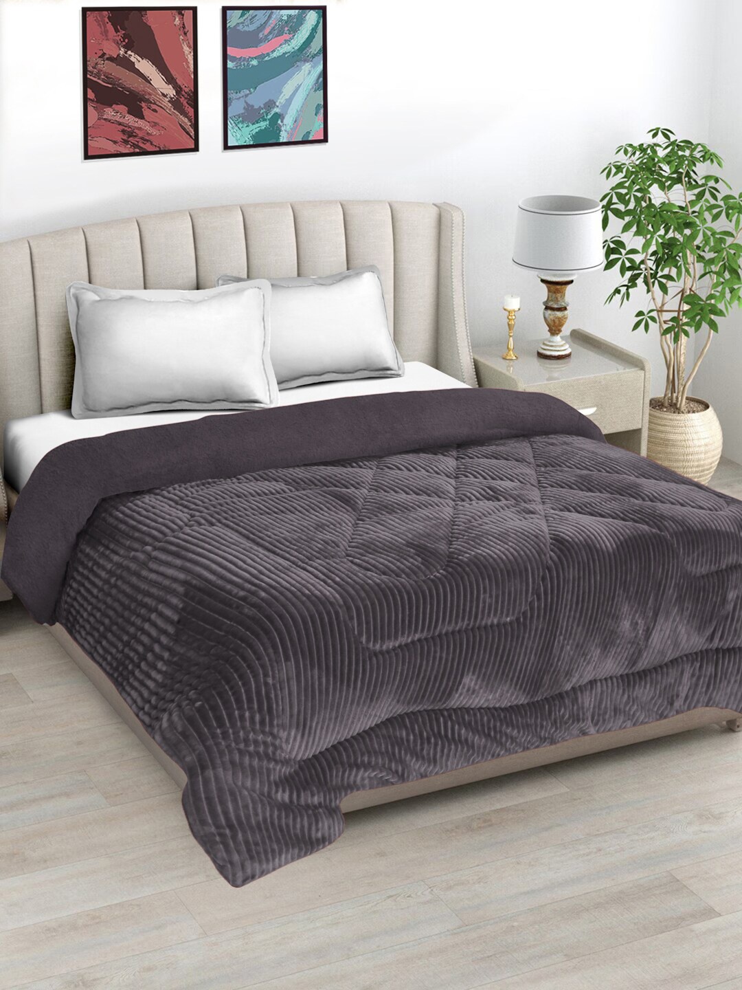 

FABINALIV Grey Striped Woollen Heavy Winter 950 GSM Double Bed Quilt