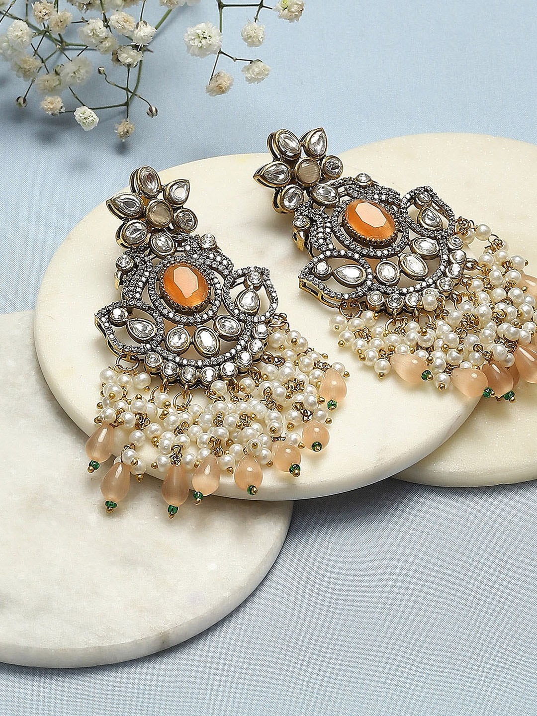 

Biba Silver-Plated Stones-Studded & Beaded Contemporary Chandbalis Earrings, Peach