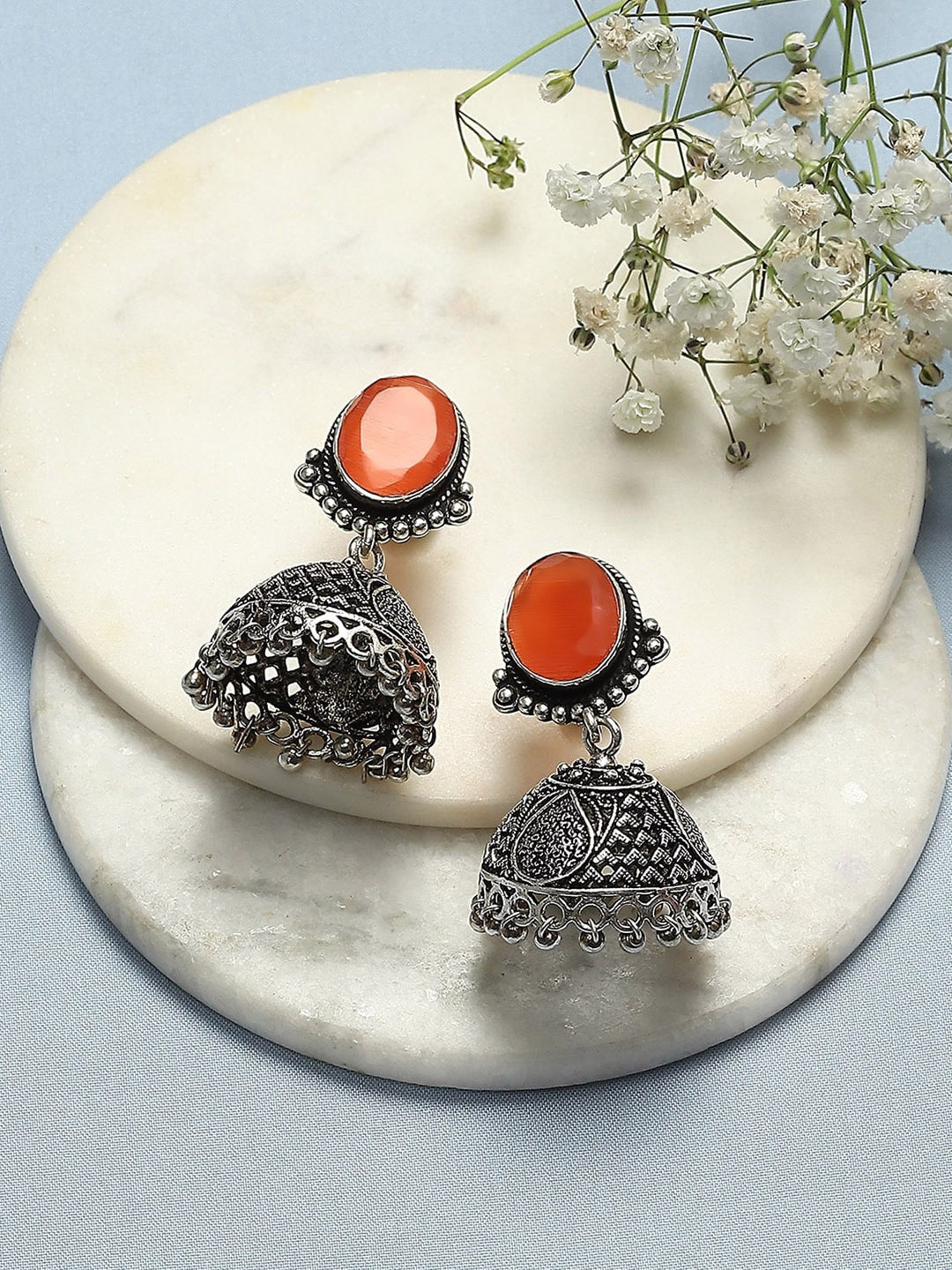 

Biba Oxidised Silver Plated Dome Shaped Stone Studded Jhumkas