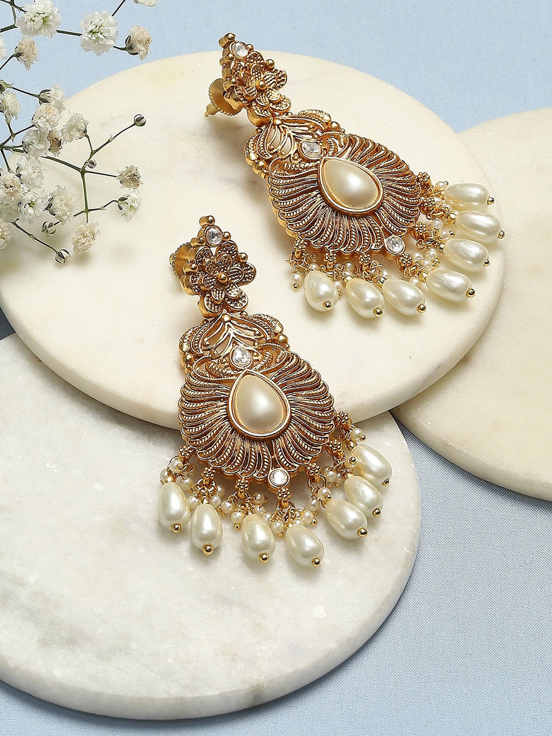 

Biba Silver-Plated Stones-Studded & Beaded Contemporary Drop Earrings, Gold