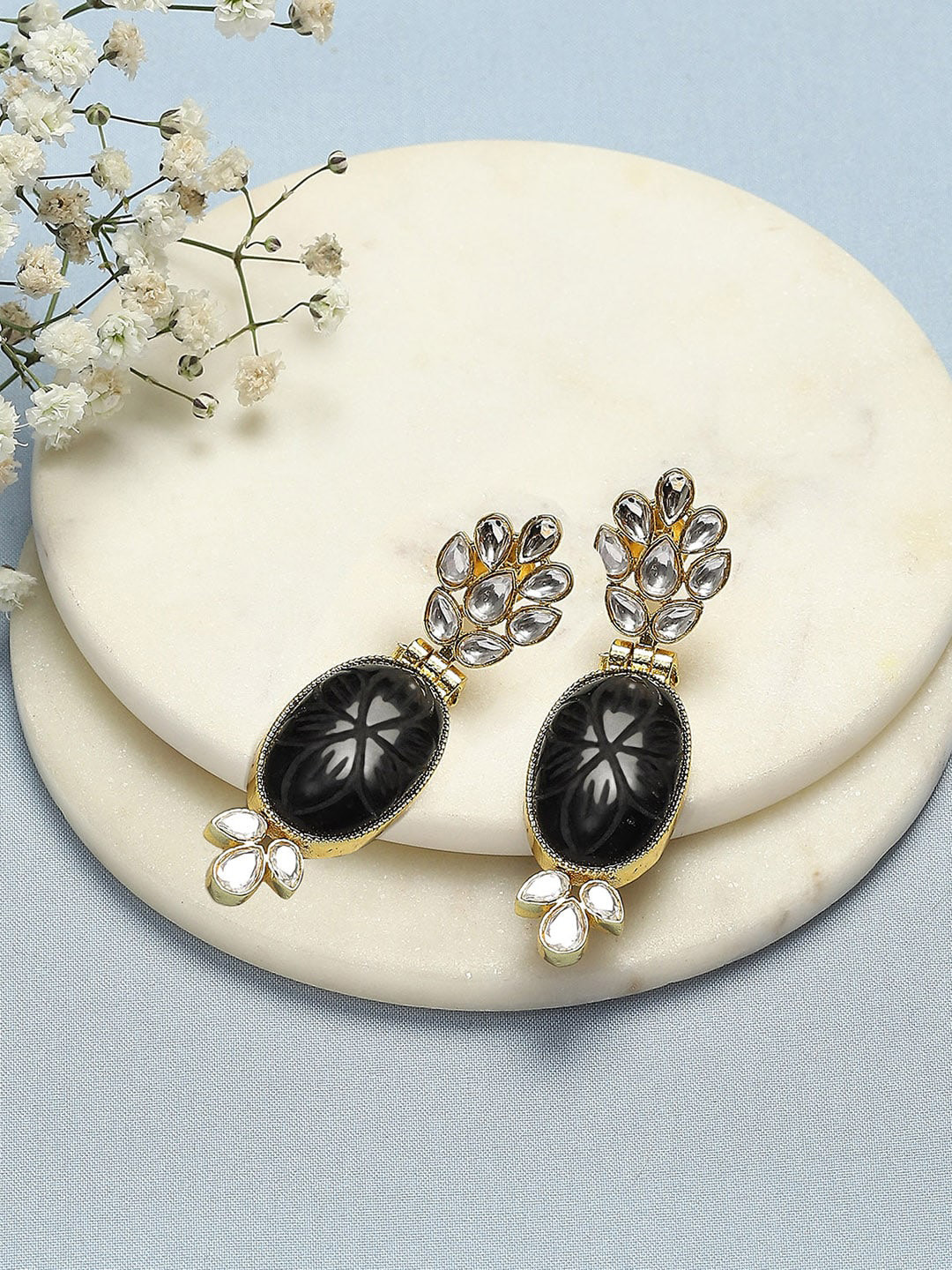 

Biba Gold-Plated Stones-Studded Contemporary Drop Earrings