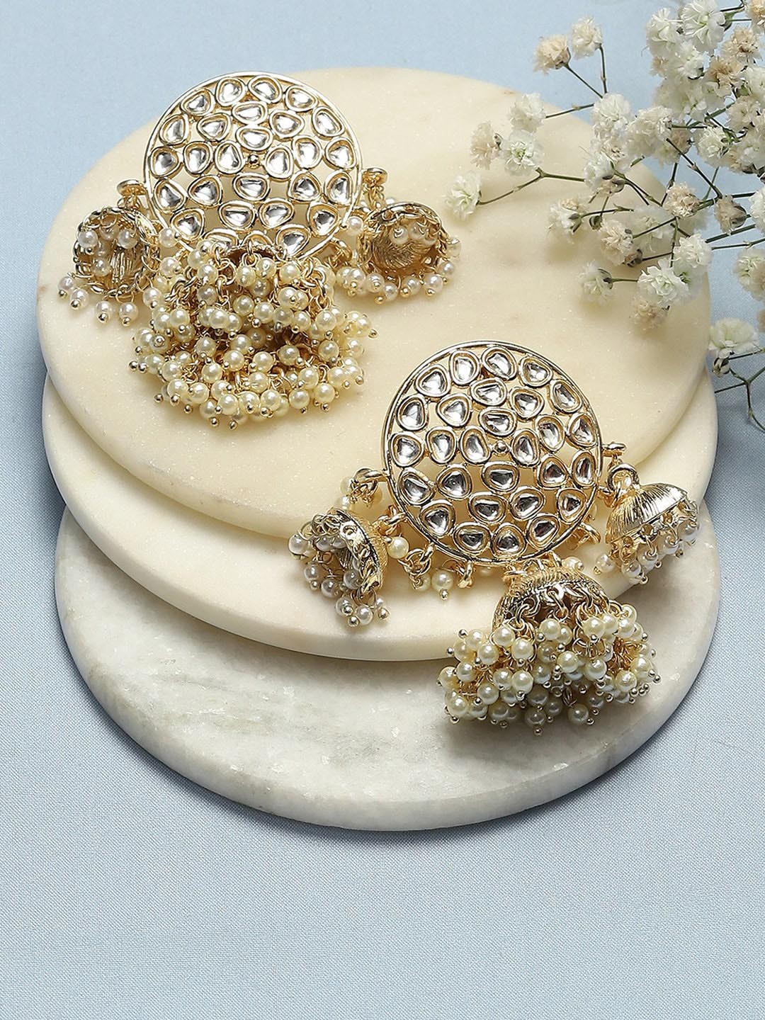 

Biba Gold-Plated Stones-Studded & Beaded Contemporary Jhumkas