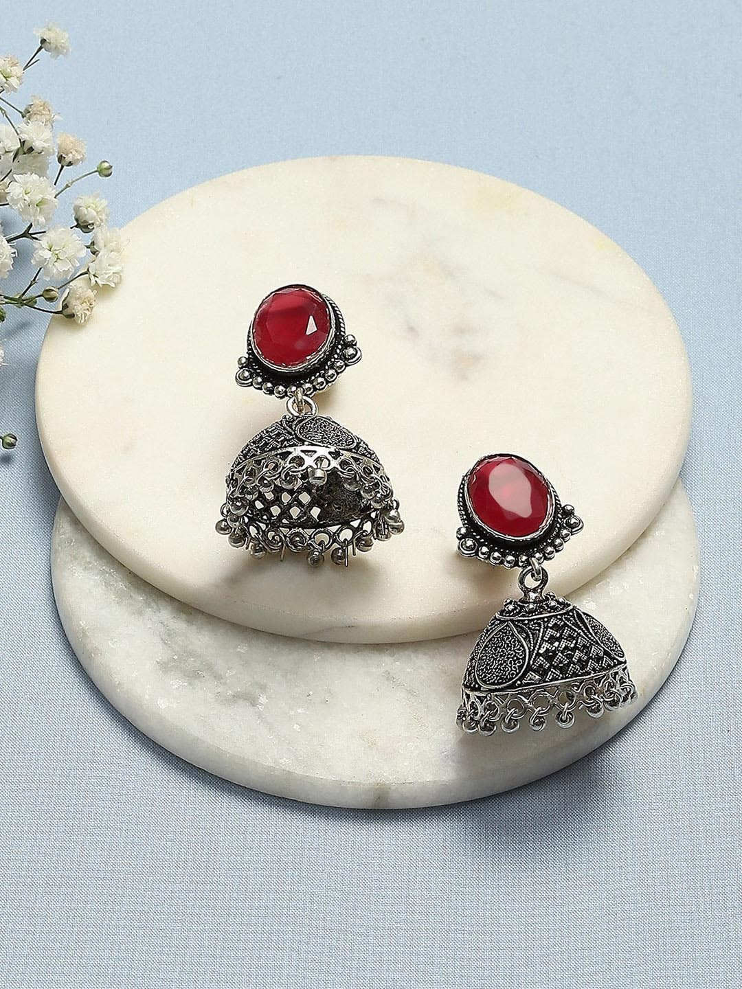 

Biba Silver Plated Dome Shaped Stone Studded Jhumkas