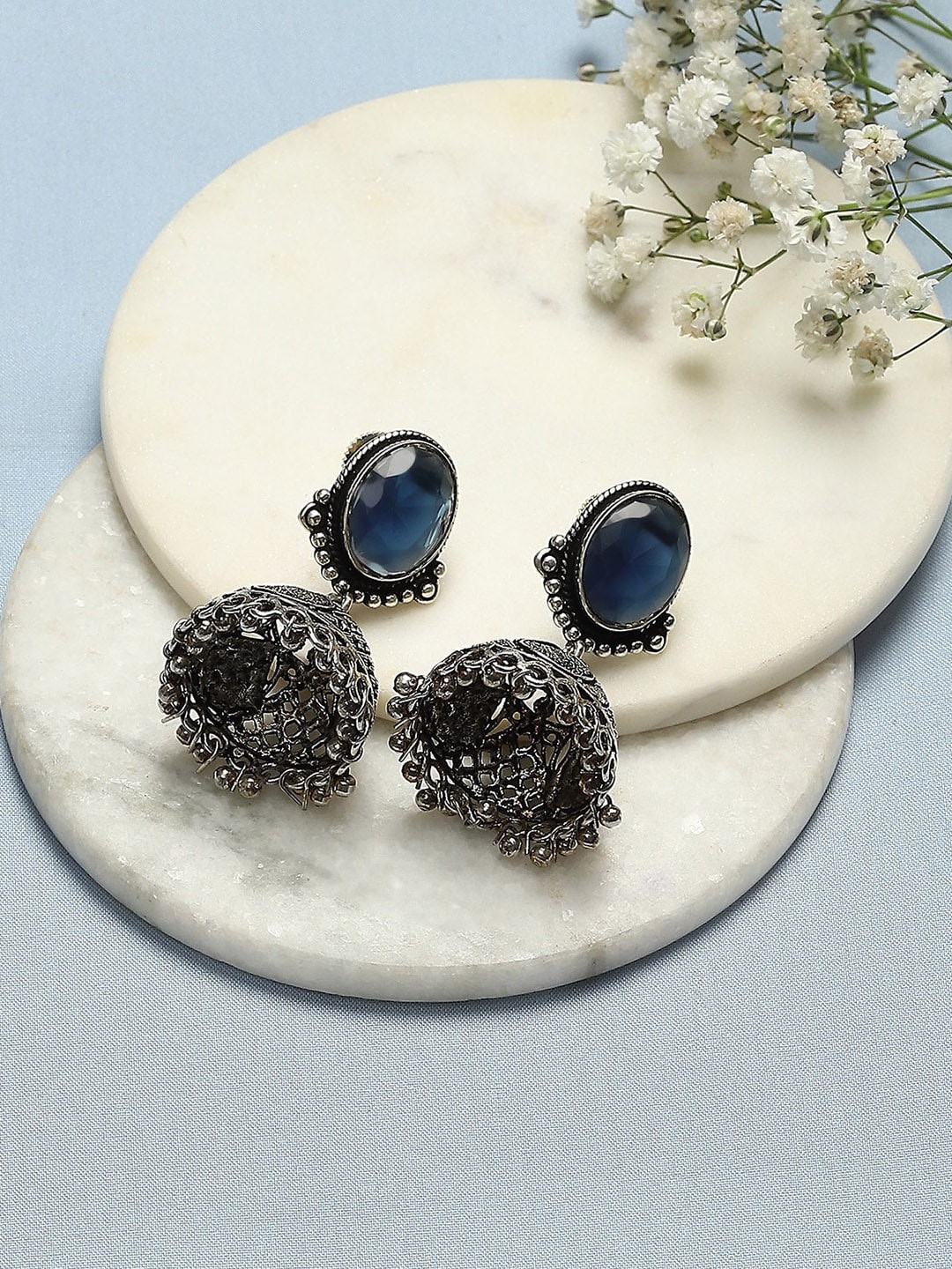 

Biba Silver-Plated Stones-Studded Contemporary Jhumkas, Blue