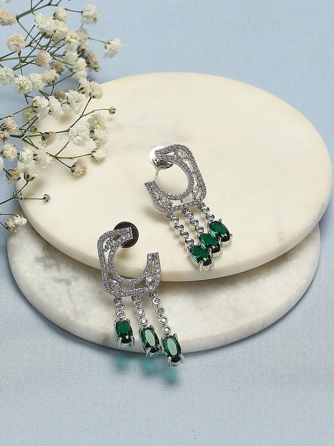 

Biba Silver-Plated Stones-Studded Contemporary Drop Earrings, Green