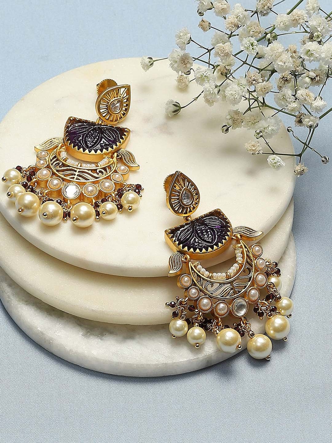 

Biba Gold-Plated Stones-Studded & Beaded Contemporary Chandbalis Earrings, Purple