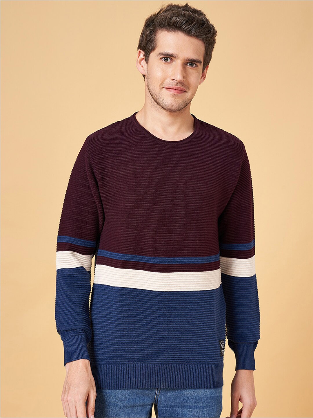 

People Maroon & Blue Colourblocked Pure Cotton Pullover