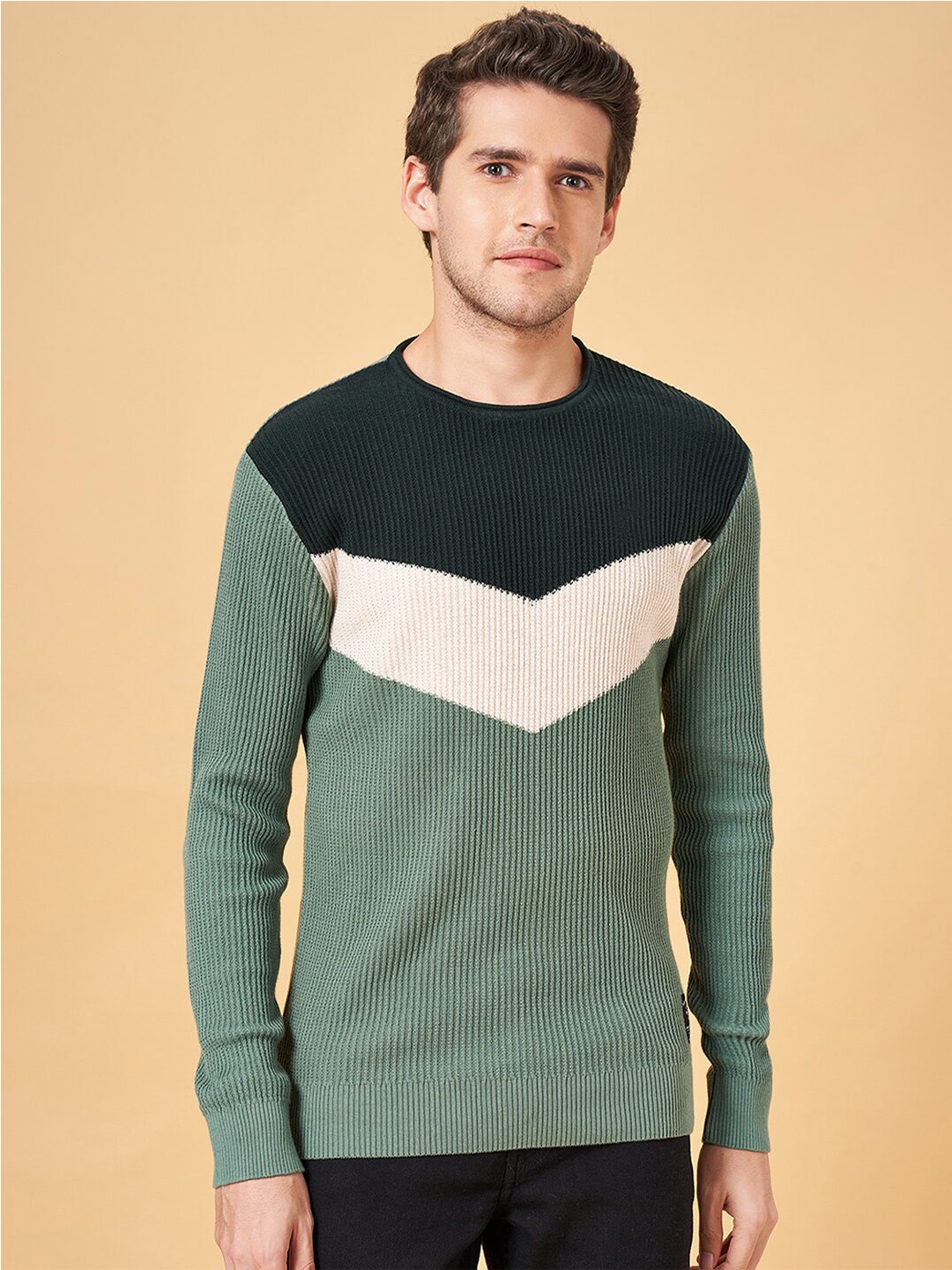 

People Colourblocked Pure Cotton Pullover Sweater, Green