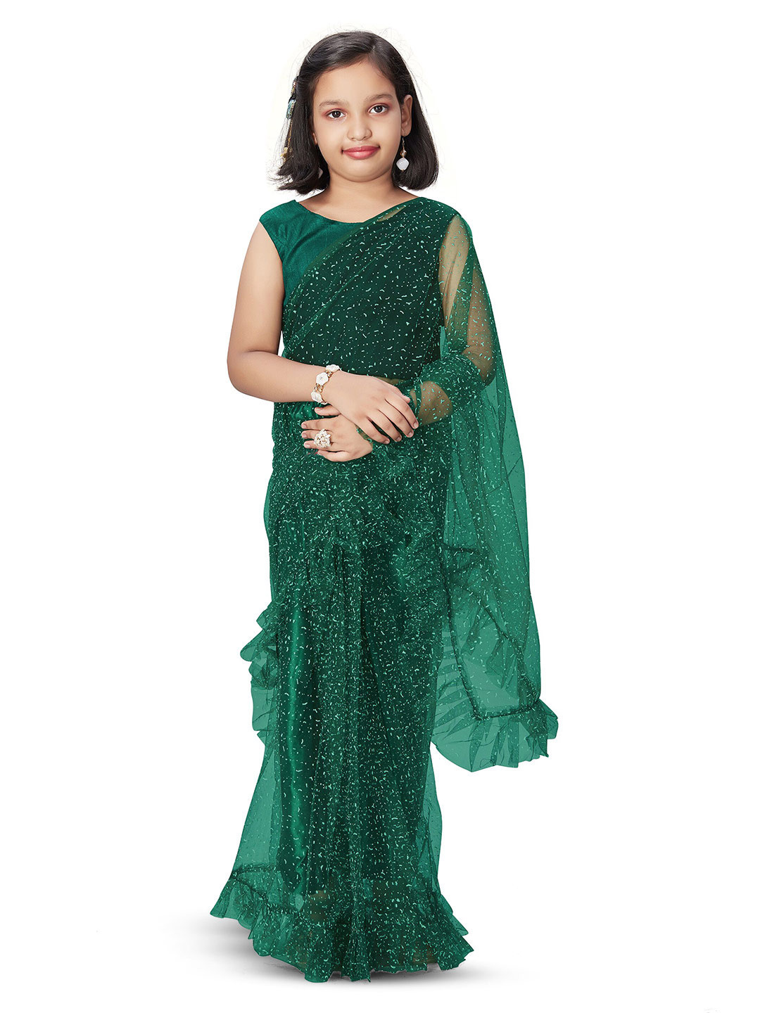 

LOOKS AND LIKES Girls Abstract Printed Net Ready to Wear Ruffles Saree, Green