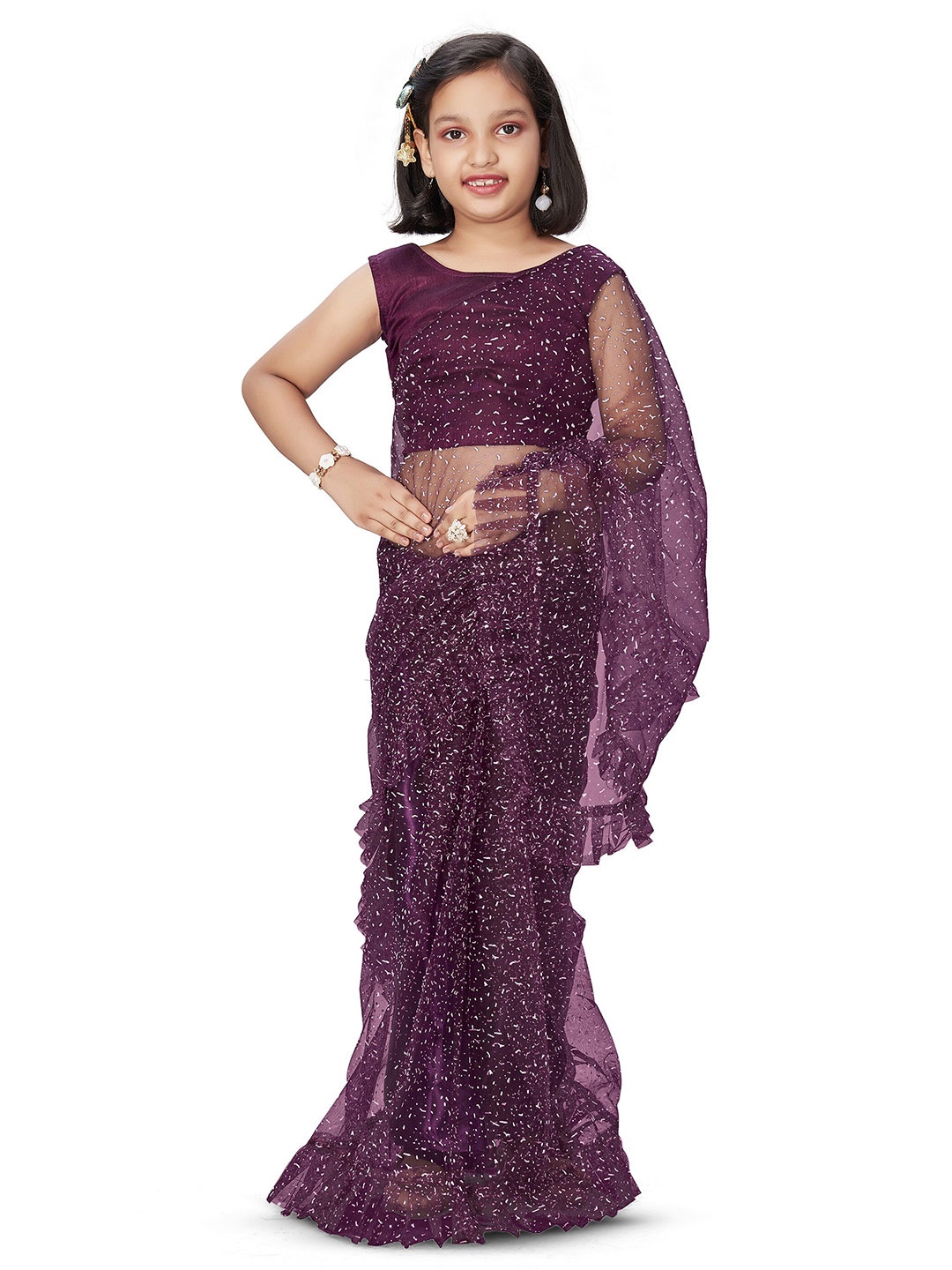 

LOOKS AND LIKES Girls Abstract Printed Net Ready to Wear Ruffles Saree, Burgundy