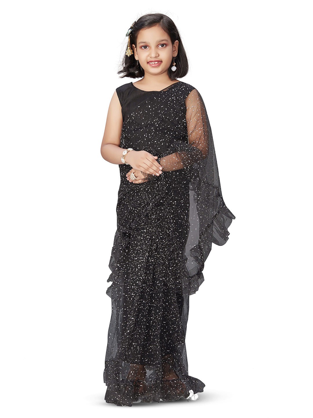 

LOOKS AND LIKES Abstract Printed Net Art Silk Saree, Black