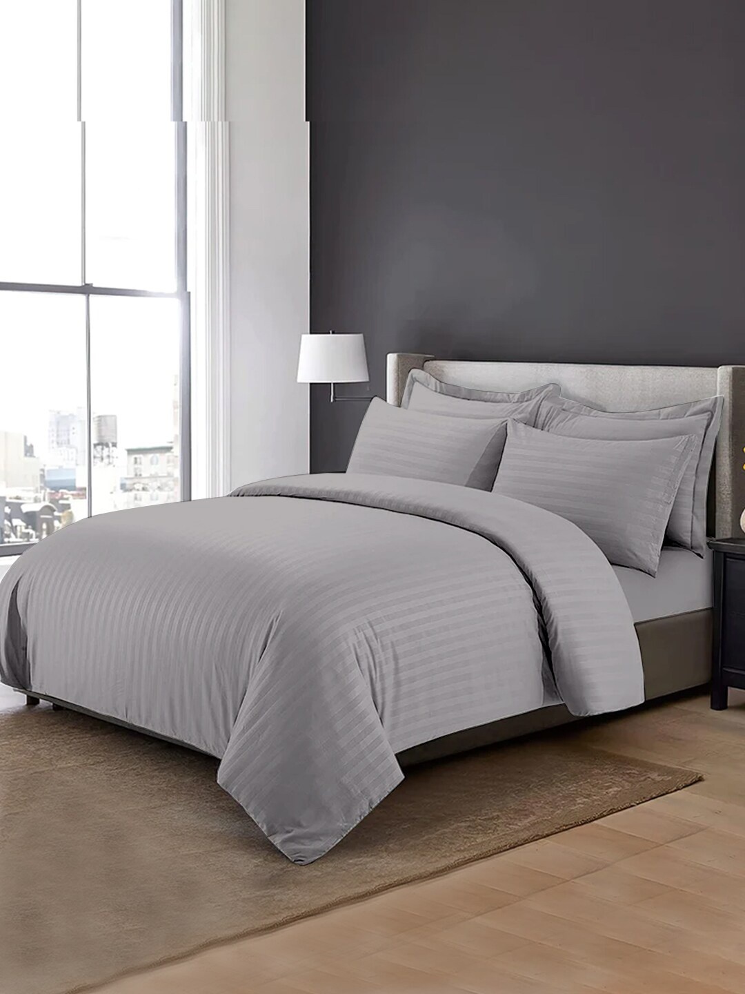 

LINENWALAS Happy Sleeping Grey Striped Mild Winter 210 GSM Double Bed Duvet With Cover