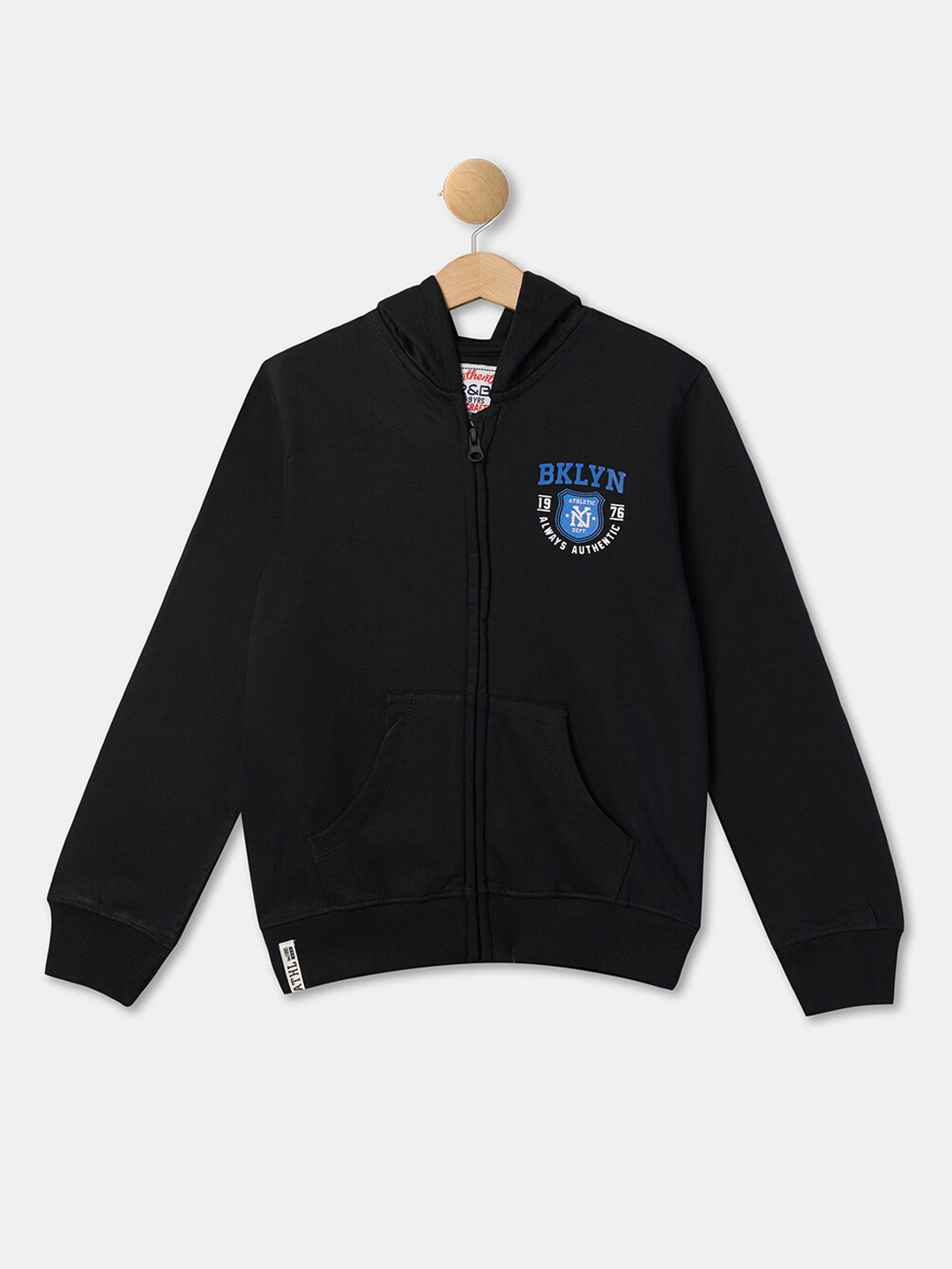 

R&B Boys Black Typography Printed Hooded Cotton Open-Front Jacket with Zip Detail