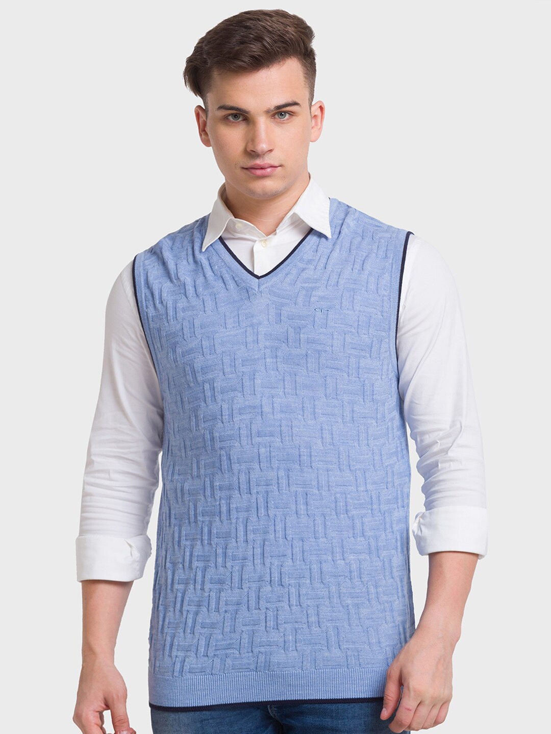 

ColorPlus Geometric Self Design V-Neck Sweater Vest, Blue
