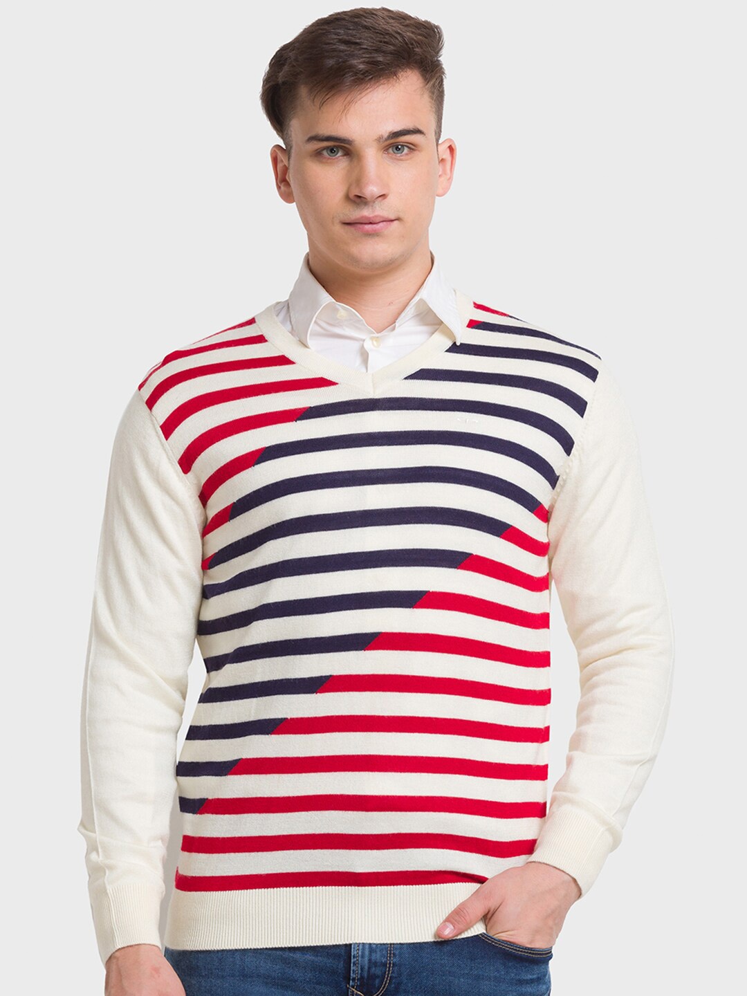 

ColorPlus Striped V-Neck Long Sleeves Tailored Fit Pullover Sweater, Blue