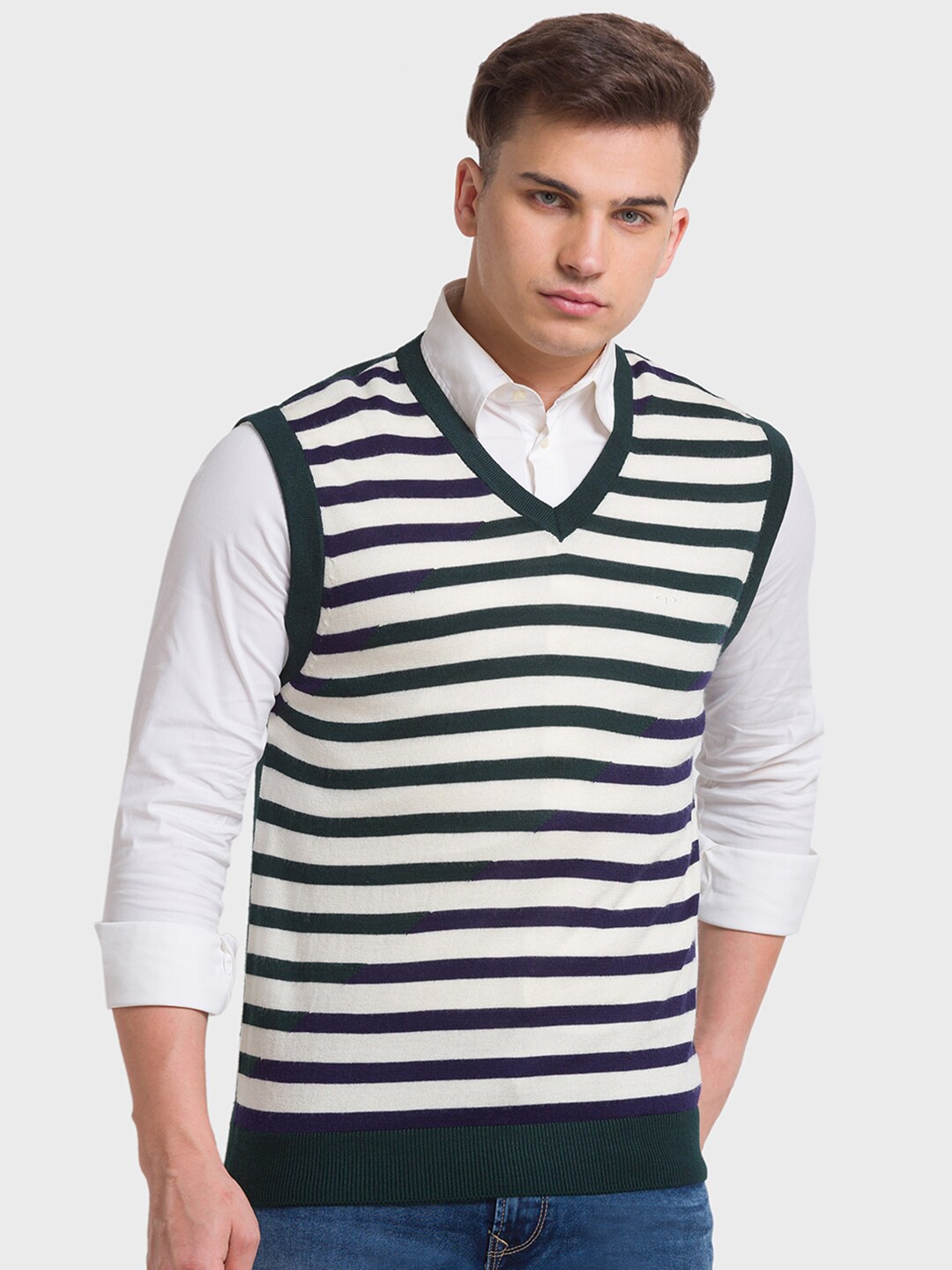

ColorPlus Striped V-Neck Sweater Vest, Green