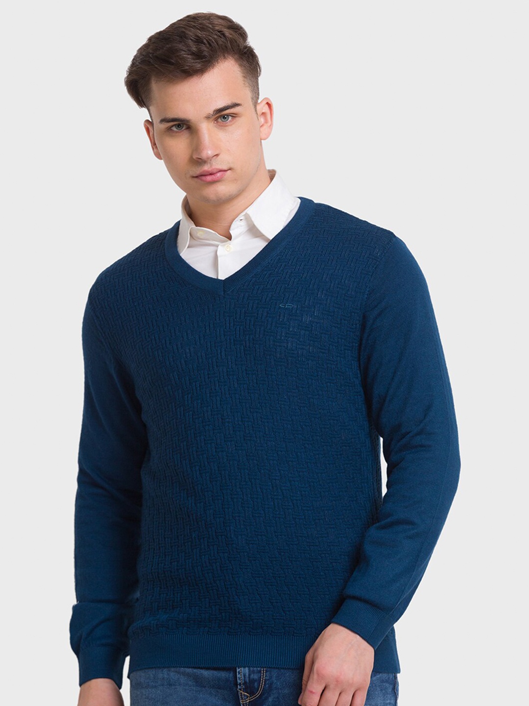 

ColorPlus Geometric Self Design Pullover Sweater, Blue