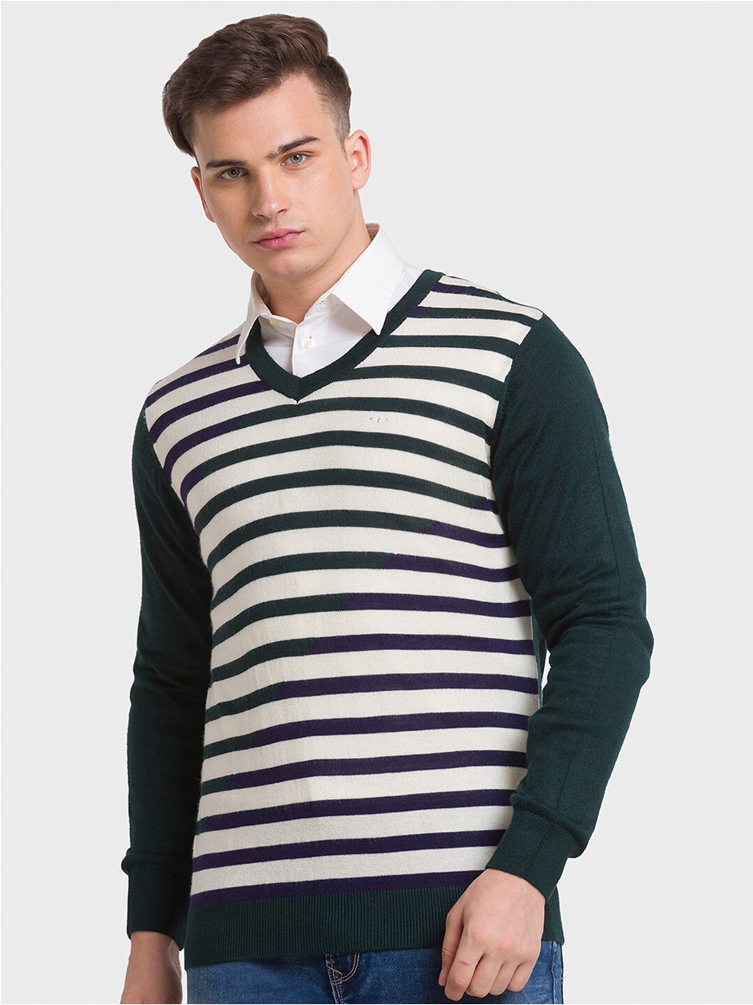 

ColorPlus Striped Pullover Sweater, Green