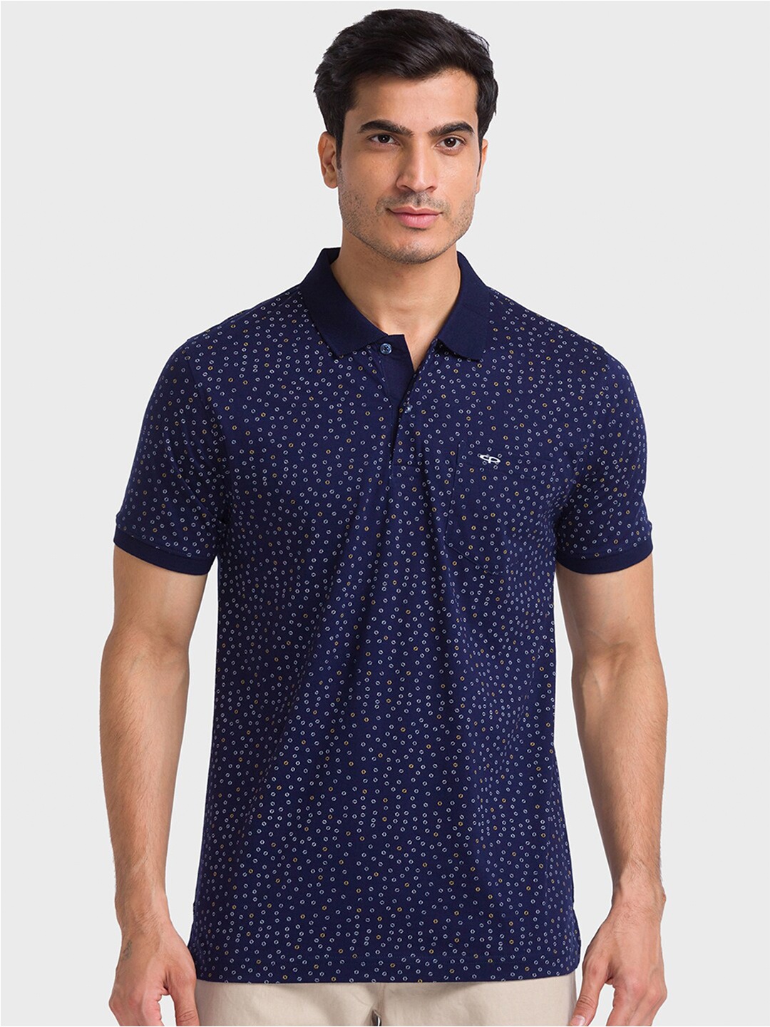 ColorPlus Micro Ditsy Printed Polo Collar Cotton T-shirt, Blue